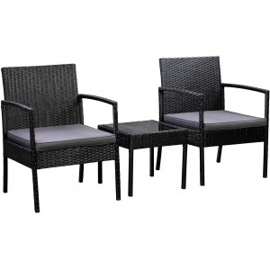 Mighty Rock Outdoor Patio Garden Faux Wicker Rattan Chair Conversation Set with Cushion - 3-Piece Set, Black